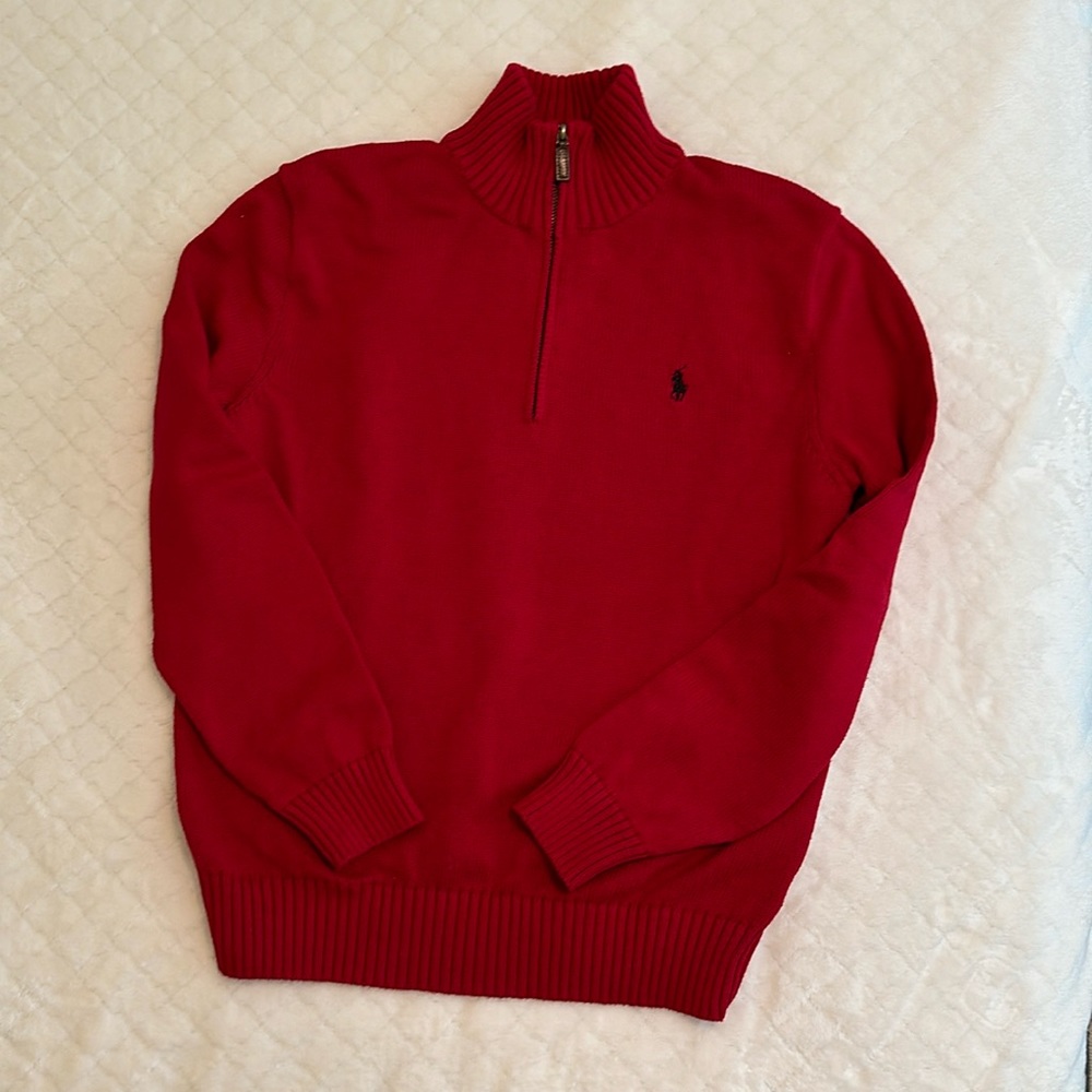 Men’s Red Polo RL Cotton Sweater Quarter Zip Size Medium
